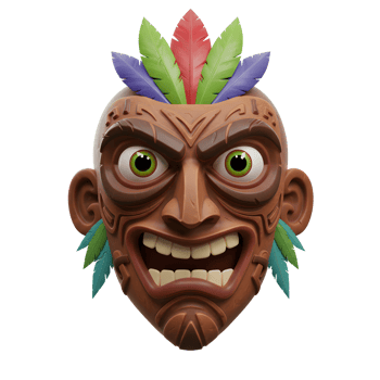 Carved Tribal Mask Colorful Feathers Playful Expression 3D Render png