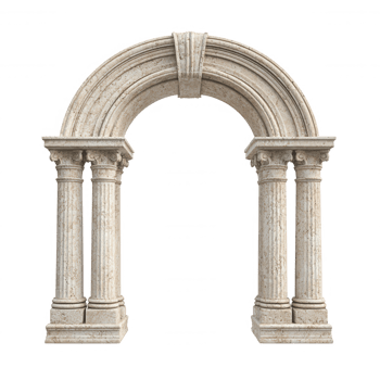 Classic stone antique arch adorned with intricate floral decorations and supported by elegant columns, isolated on a transparent background png