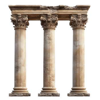 Weathered corinthian columns supporting crumbling stone entablature, highlighting classical architectural remnants from greek historical landscape isolated transparent background png