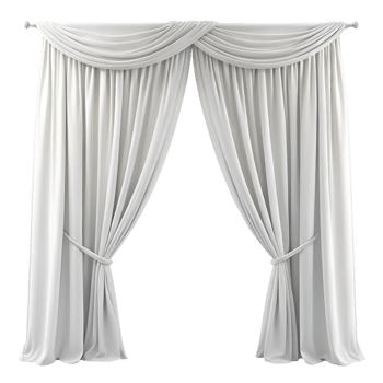 Stylish white curtain set with flowing fabric and rod mounted drapes, isolated against white png