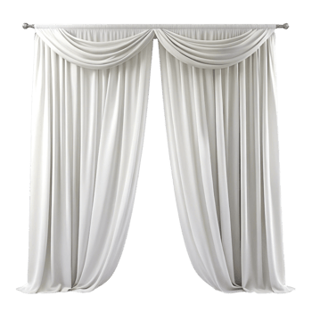 Luxurious white window curtains with pleated swag style and rod, ideal for modern home decor png