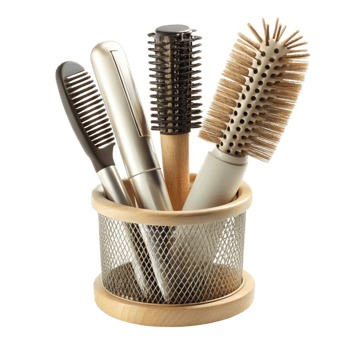 Stylish hairbrush collection in a sleek holder, ideal for salon and personal grooming png