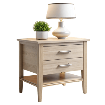 Modern wooden nightstand with drawers, decorative lamp, and plant, perfect for stylish bedroom decor png