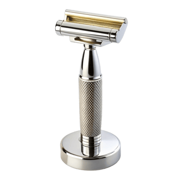 metal razor and stand with a classic design, ideal for traditional wet shaving and bathroom decor png