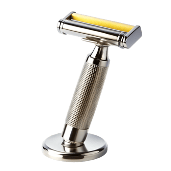 Premium stainless steel safety razor with textured grip and stand for elegant and precise grooming on a Transparent Background png