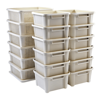 Multi purpose storage bins with stackable design, ideal for versatile storage solutions in closets or pantries png