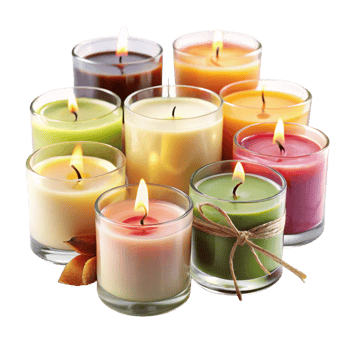 Assortment of colorful scented candles in glass jars, perfect for home decor and creating a cozy, aromatic ambiance png