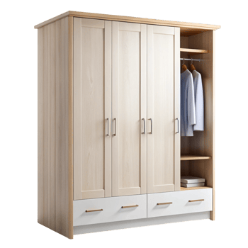 Spacious wooden wardrobe with multiple storage compartments, drawers, and hanging space for efficient organization png