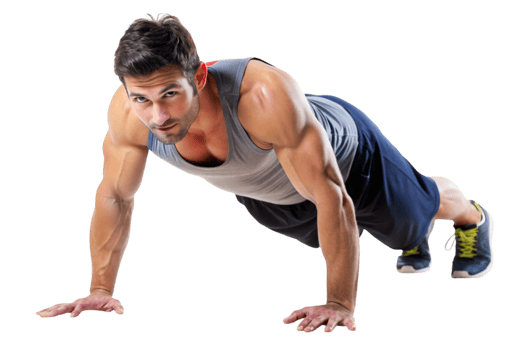 Side angle of a fit man engaged in push up training png