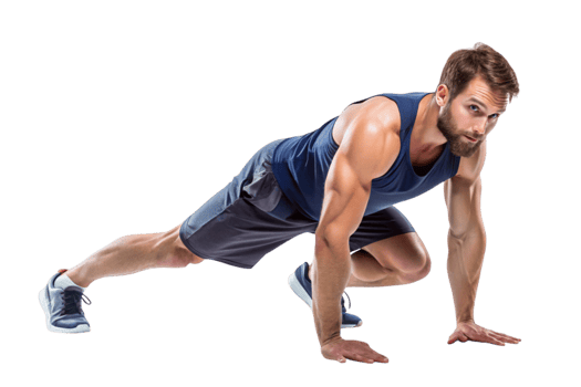 Close up of a determined athlete holding a push up pose png
