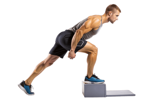 Fit man doing a step up exercise on a block for lower body strength and balance training png