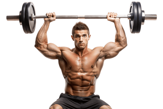 Strong bodybuilder executing an overhead barbell press showcasing strength and muscle definition png