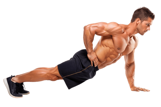 Strong muscular man doing a one arm push up exercise showcasing core strength and muscle definition png