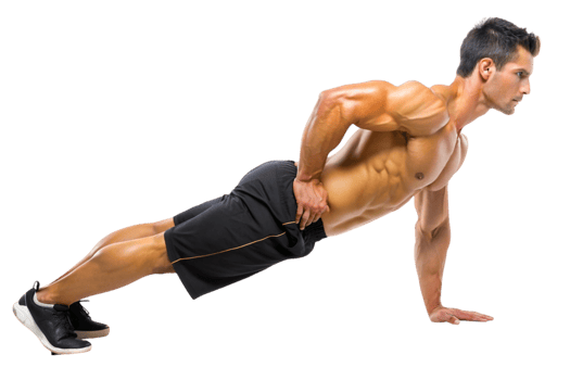 Athletic male in plank position performing one arm push up for upper body workout and core stability png