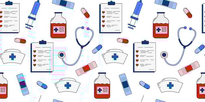 seamless medical pattern with nurse hat, stethoscope, syringe, bandage, pills and clipboard isolated background for international nurse or doctor day vector