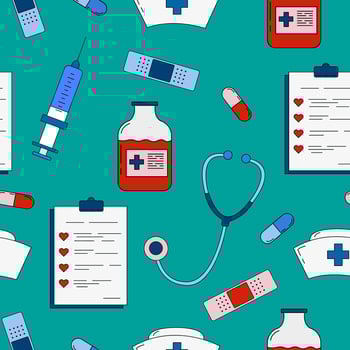 seamless medical template with stethoscope, syringe, tablet, nurse's cap, pills and band-aid on turquoise background illustration for doctor or nurse's day vector