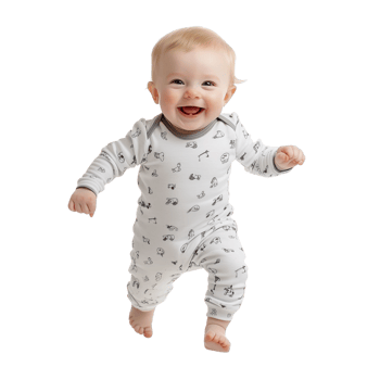 A baby in a cute onesie smiling joyfully as they take their first steps, Isolated on transparent Background png