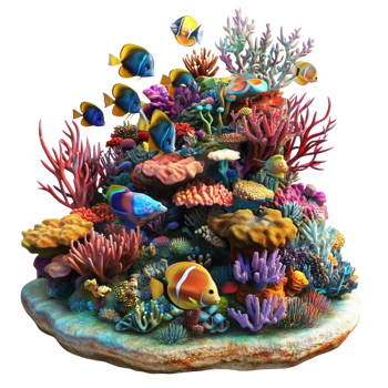 A colorful 3D coral reef underwater scene with vibrant fish Isolated on transparent Background png
