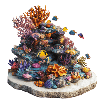 A detailed 3D model of tropical coral reef bursting with ocean life Isolated on transparent Background png