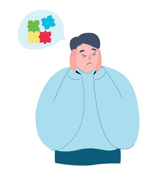 The young man feels bad, has problems with his head and thoughts. It is difficult for an autistic person to adapt. flat graphics. vector