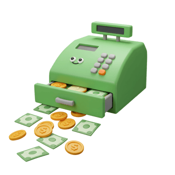 Happy Green Cash Register Disbursing Money Bills Coins png