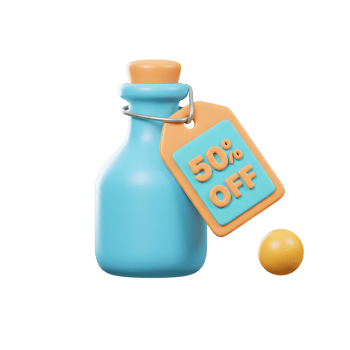 Blue Glass Bottle 50 Off Sale Tag 3D Render Pastel Mood png
