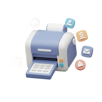 Pastel 3D Printer Model with Floating Social Media Icons png