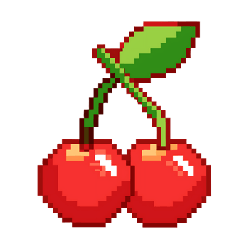 pixel art featuring two cherries with green leaf in playful style png