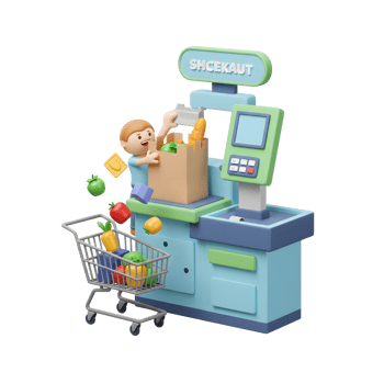 Child Grocery Shopping 3D Render Colorful Produce Checkout Counter png