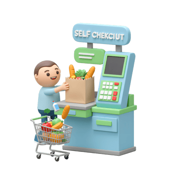 Cartoon Man Self Checkout Groceries Produce Vegetables Fruits 3D Render png