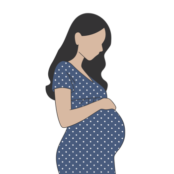 A pregnant woman is depicted with long dark hair, wearing a blue polka dot dress. cutouts png