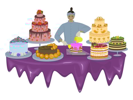 Image of pastry chef with cakes on white background vector