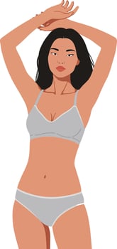 Confident woman posing in grey lingerie with raised arms in a flat and minimal illustration depicting self-assurance and body positivity vector