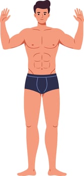 Athletic man with muscular build standing confidently in minimal flat style illustration, showcasing strength and vitality with a relaxed demeanor and open posture. vector