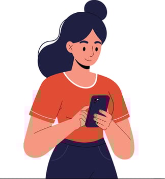 Young woman with smartphone in a casual orange shirt, smiling in a flat, minimal illustration vector