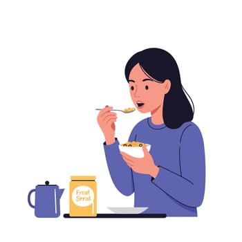A young woman enjoying breakfast cereal in a cozy kitchen setting, minimal flat design style, colorful illustration vector