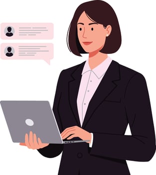 Professional businesswoman in a sleek black suit engaging with a laptop while communicating through messages in flat art vector
