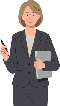 Confident businesswoman in a grey suit holding a tablet and a pen in a flat illustration vector