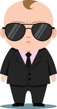 Cartoon baby in a black suit and sunglasses, standing confidently with a serious expression, flat illustration vector