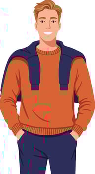 Young man smiling in casual attire with a sweater draped over his shoulders in a flat illustration vector