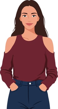 Young woman with long hair in a maroon cold-shoulder sweater and dark jeans, minimal flat illustration vector