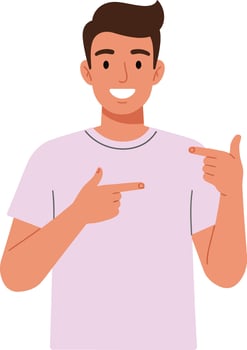 Cheerful young man pointing at something with a friendly smile in a flat illustration style vector
