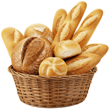 Bread basket displaying an assortment of fresh loaves and rolls png