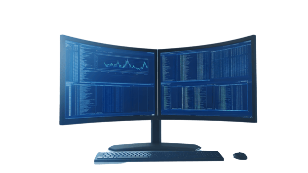 Dual Screen Computer Setup with Data Analysis and Charts png