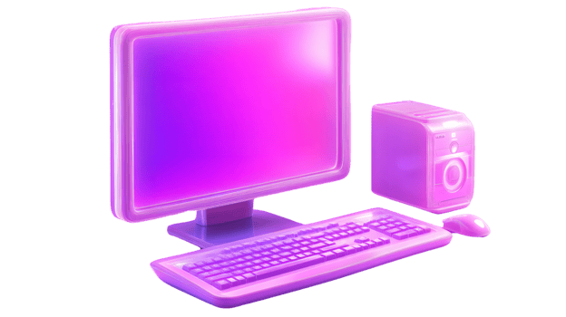 Futuristic Neon Computer Setup with Keyboard Mouse and Monitor Ideal for Technology and Ret png