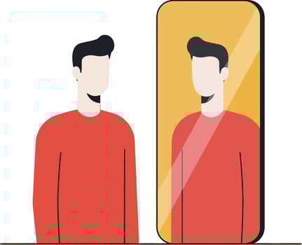 A man in a red sweater gazing at his reflection in a minimal illustration vector