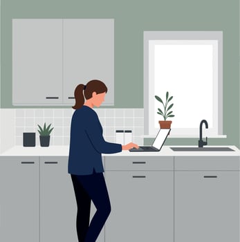 Woman working at a modern kitchen counter with a laptop in a minimal illustration vector