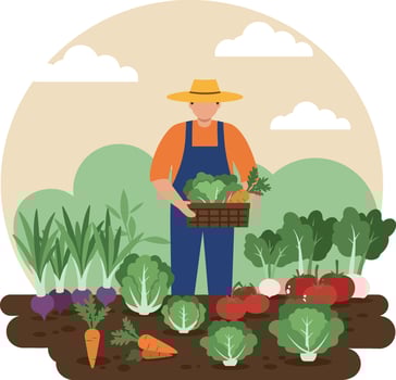 Farmer harvesting fresh vegetables in a colorful garden using flat illustration vector