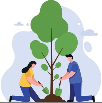 Two people planting a small tree together in a vibrant and cheerful flat illustration vector