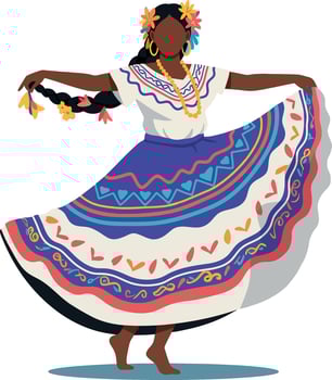Elegant woman in colorful traditional dress dancing joyfully in flat art vector